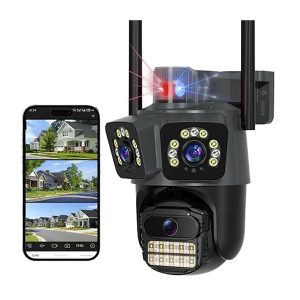 cámara de seguridad triple lente, cámara WiFi A35, cámara de vigilancia con visualización múltiple, cámara con audio bidireccional, cámara con alarma y visión nocturna color, cámara IP para hogar y comercio, cámara exterior IP66 Uruguay.