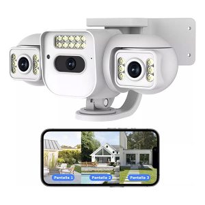cámara de seguridad brazo robótico, cámara WiFi triple lente, cámara de vigilancia con triple pantalla, cámara con audio bidireccional, cámara de seguridad exterior impermeable IP66, cámara con detección de movimiento y alarma, cámara para hogar y negocio Uruguay.